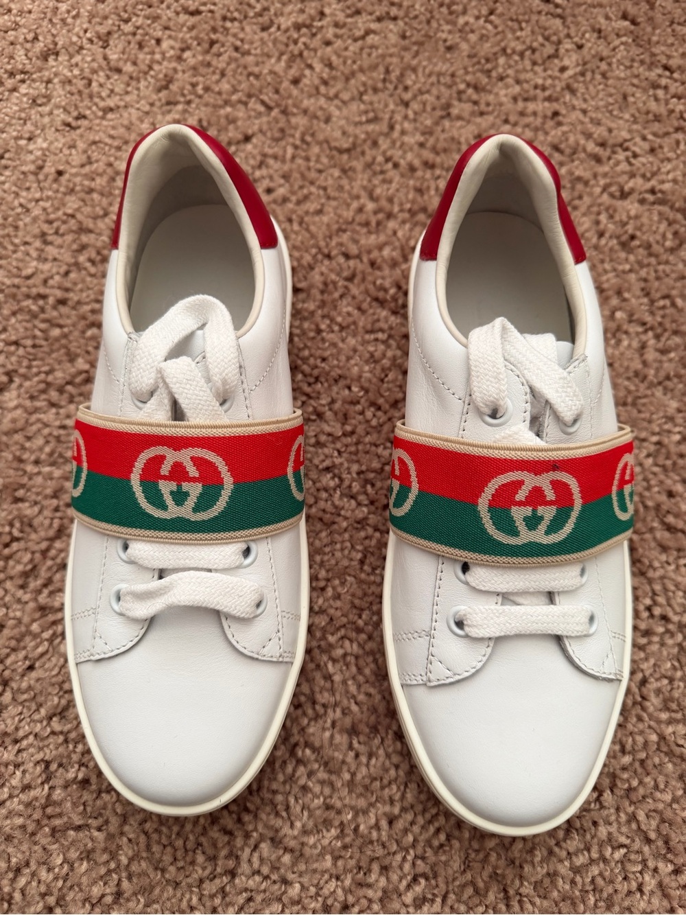 Gucci White Leather Sneakers with Red & Green Web Band